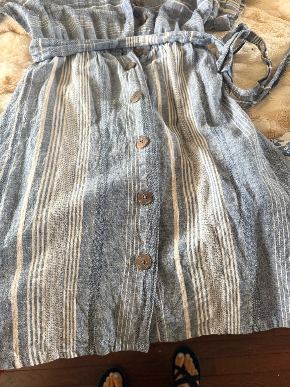 Button-Front Blue Striped Belted Dress - Picture 5 of 6